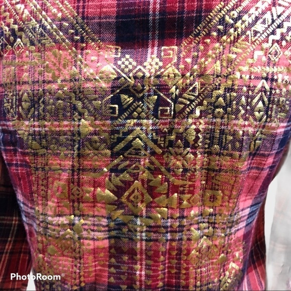 Derek HEART plaid/gold embellished button up  top - Picture 5 of 8